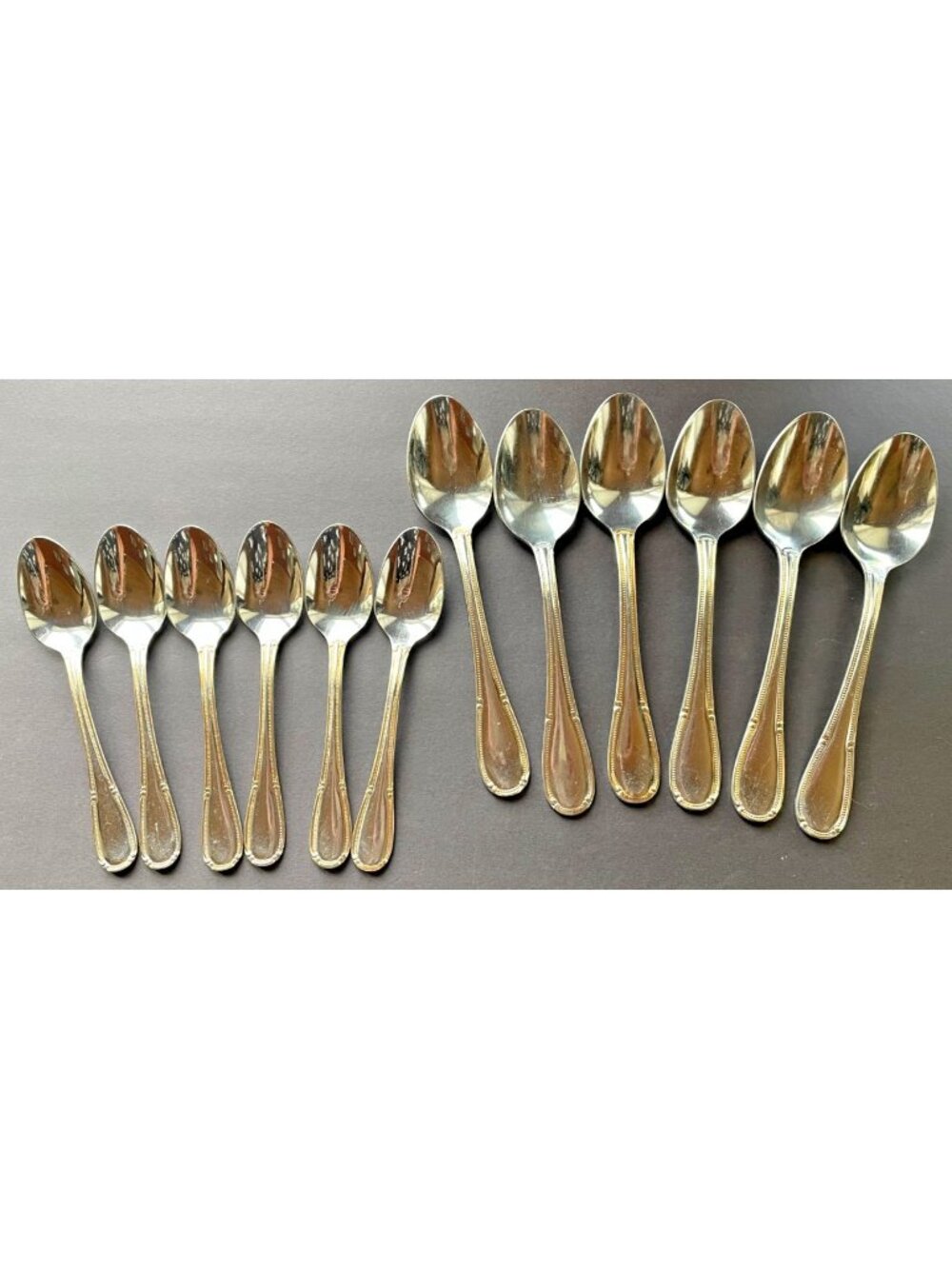 Vintage Lorena Stainless China Flatware Lot of 12 Spoons Gold Beaded Rim UNF753
